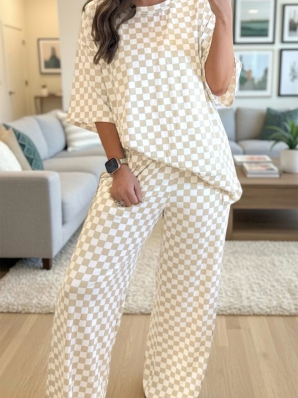 Cozy Checkerboard Lounge Set - Cream & White NWOT